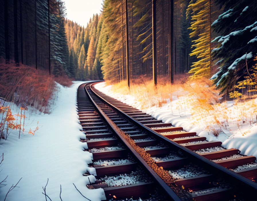 Curving Railroad Tracks in Snow-Covered Forest with Sunlight Filtering Through Trees