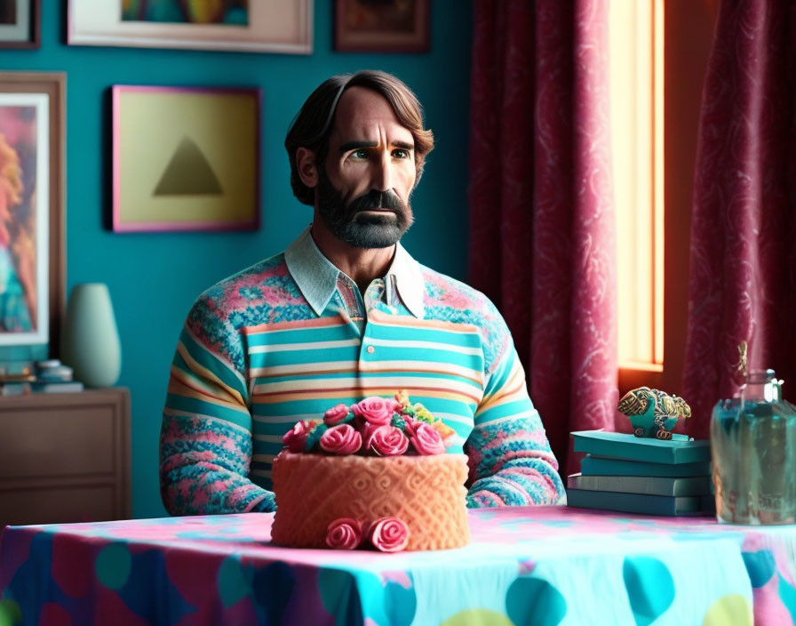 Somber man in front of pink cake in colorful room