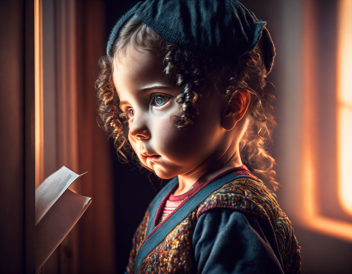 Curly-haired child in beret gazes out window under warm light