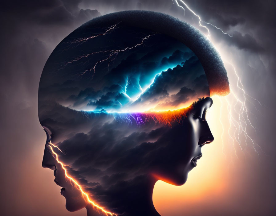 Two profile faces in silhouette with stormy sky and lightning, symbolizing emotional interaction.