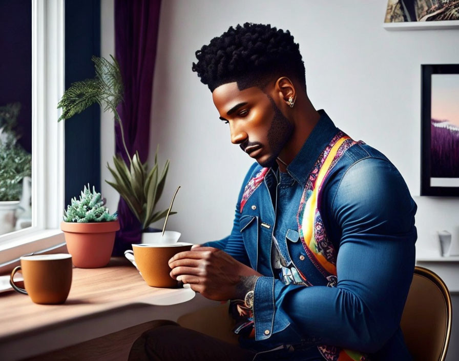 Stylized man with unique hairstyle sitting by window with coffee cup