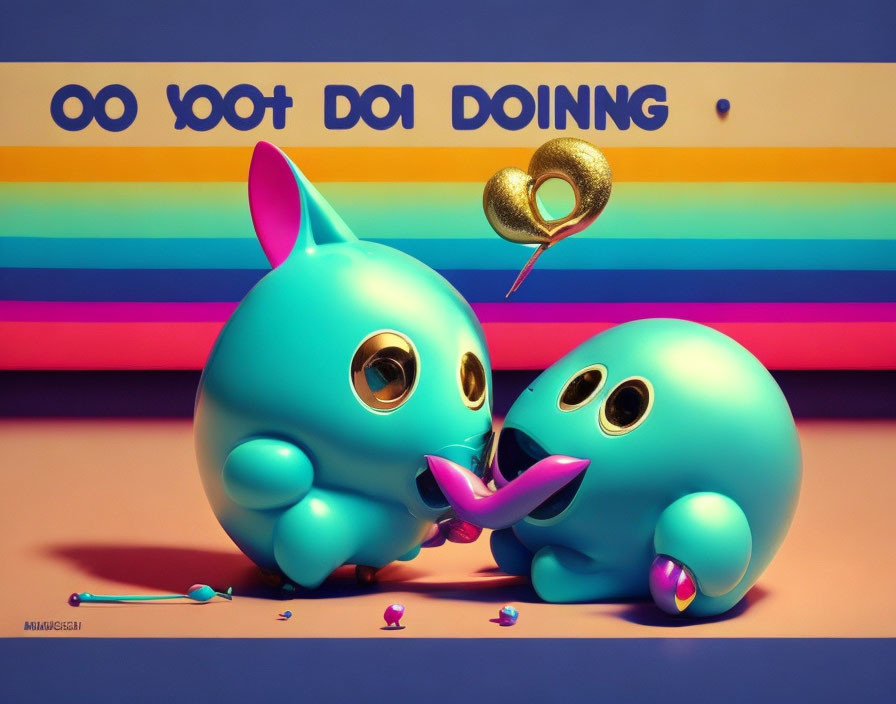 Stylized blue creatures with golden balloon on striped background