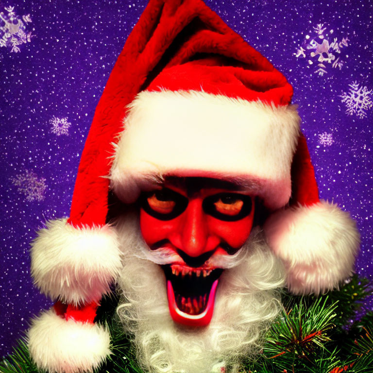 Menacing Santa Hat Figure with Red Mask on Purple Background