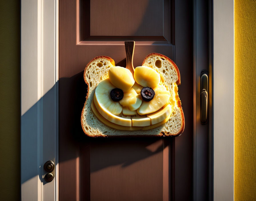 Decorative bread with apple slices and berries on a door knob