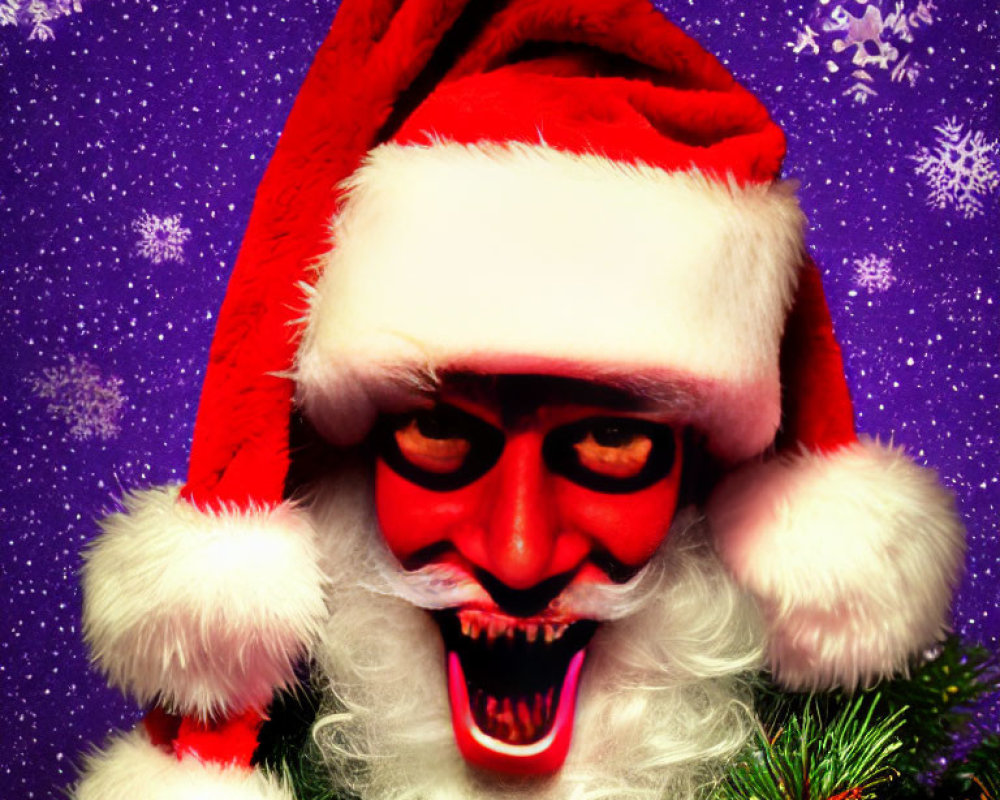 Menacing Santa Hat Figure with Red Mask on Purple Background