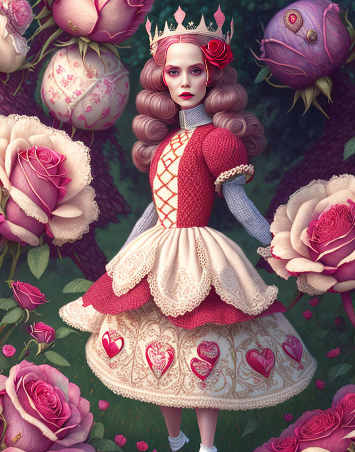 Stylized queen illustration with crown, pink roses, and heart motif