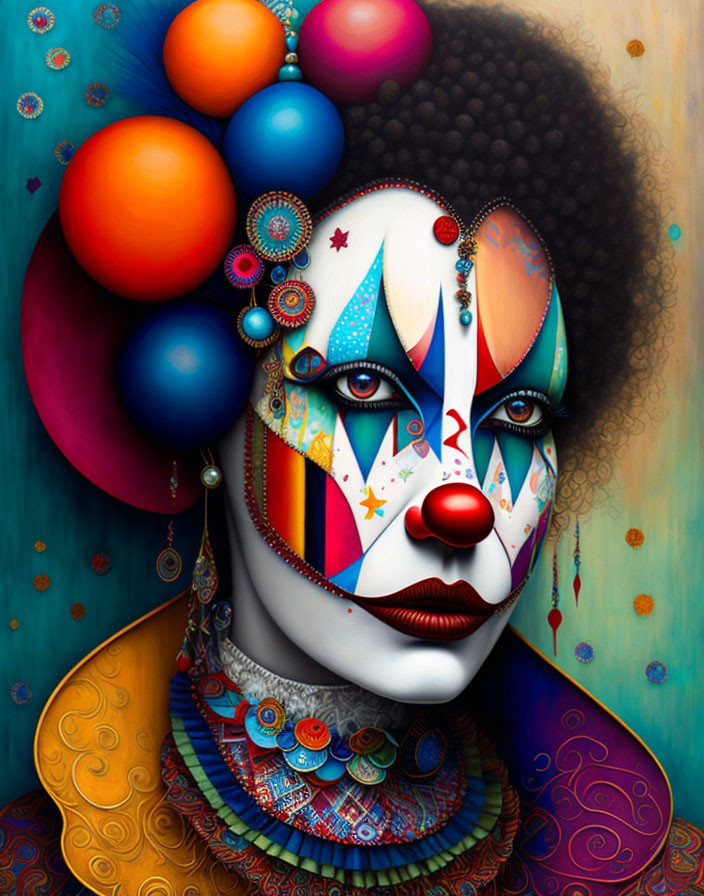 Colorful clown-like portrait with spheres and patterns on blue background