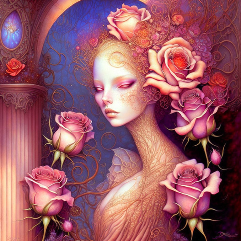 Fantasy illustration: Woman with rose features and intricate skin patterns