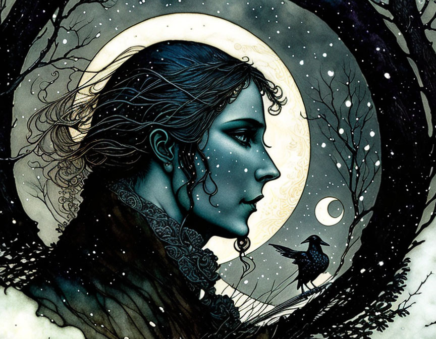 Woman with moon, night sky, trees, and crow in artistic illustration