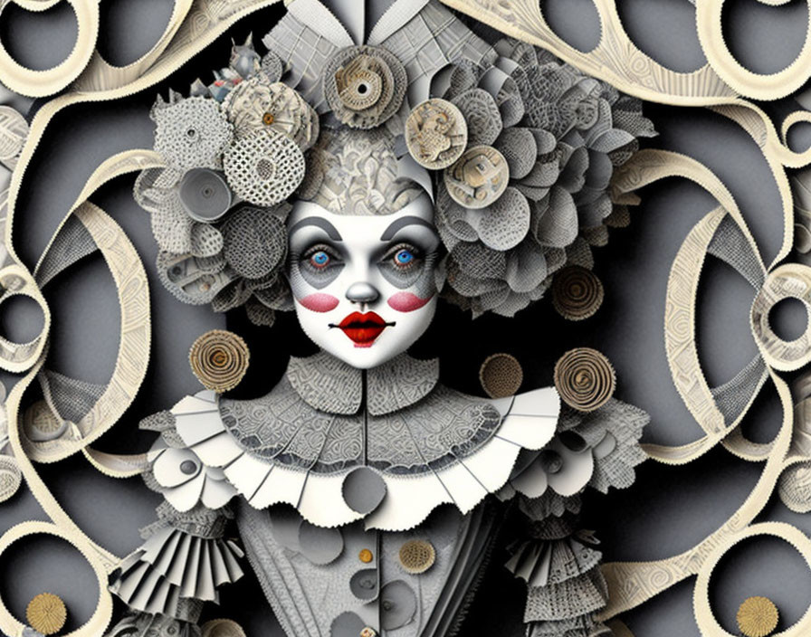 Detailed Monochromatic Clown Art with Striking Makeup