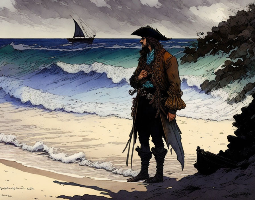 Illustrated pirate on sandy beach with distant ship, crashing waves, and dark sky