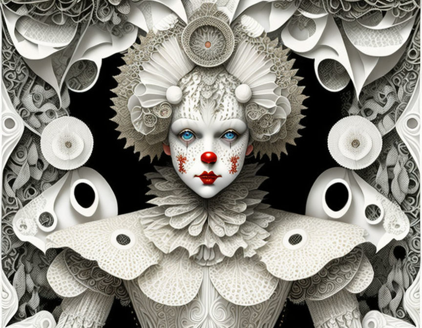 Detailed black-and-white clown makeup illustration with surreal elements