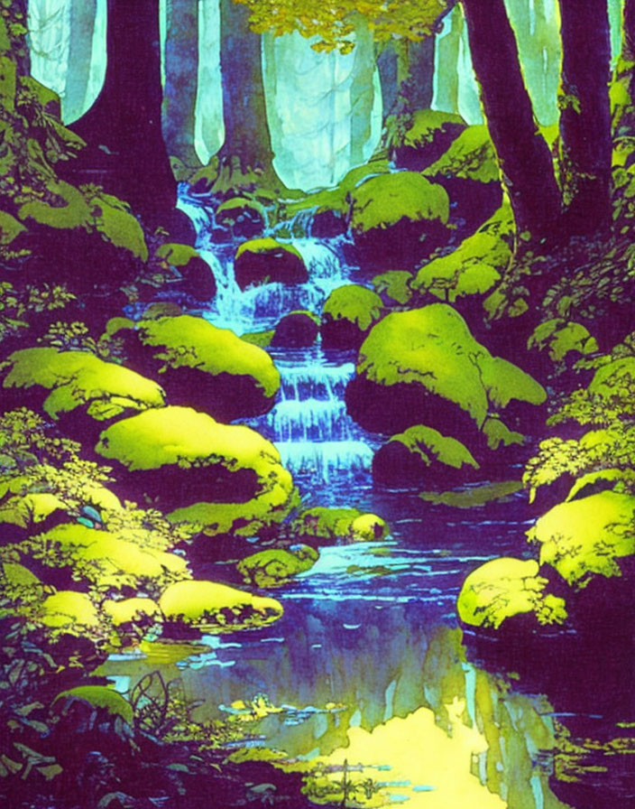 Mystical forest with moss-covered rocks and cascading stream