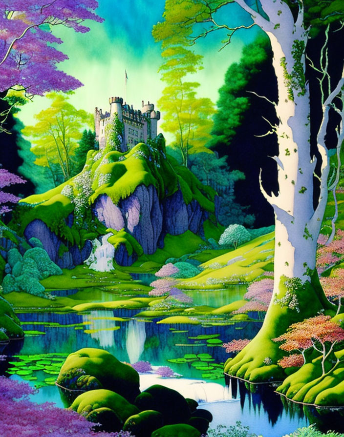 Vibrant fantasy landscape with castle, waterfalls, pond, and purple flora