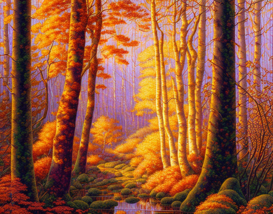 Scenic autumn forest with golden leaves and sunrays filtering through tall trees