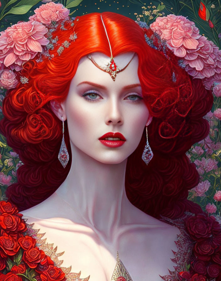 Vibrant red-haired woman with floral adornments in front of rich floral backdrop