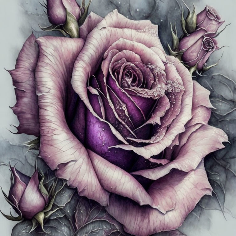 Detailed Purple Rose Illustration with Dew Drops and Surrounding Buds and Leaves
