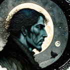 Woman with moon, night sky, trees, and crow in artistic illustration