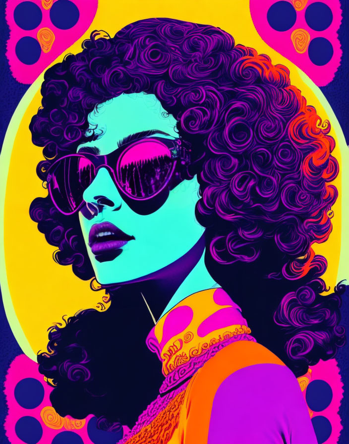 Colorful Illustration: Woman with Curly Hair and Sunglasses on Psychedelic Background