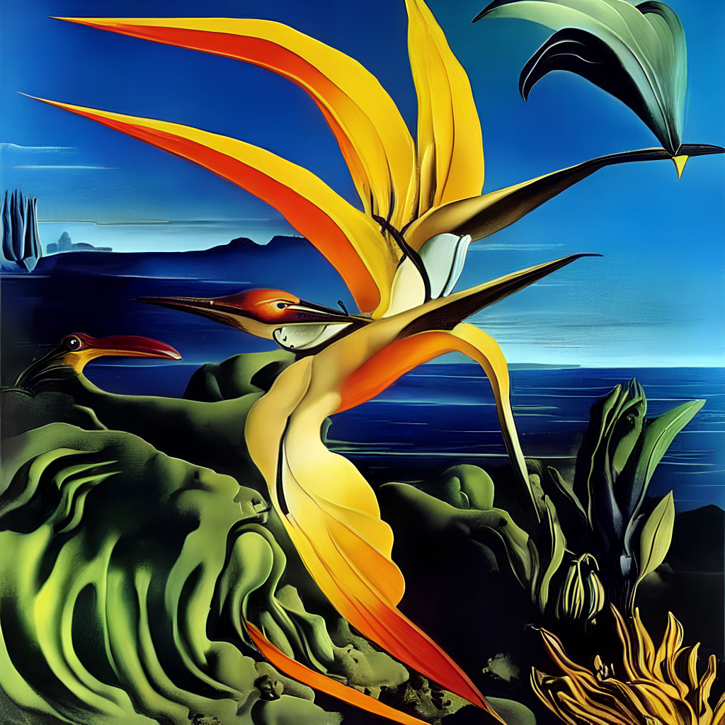 Surrealist painting: Vibrant birds in surreal blue landscape