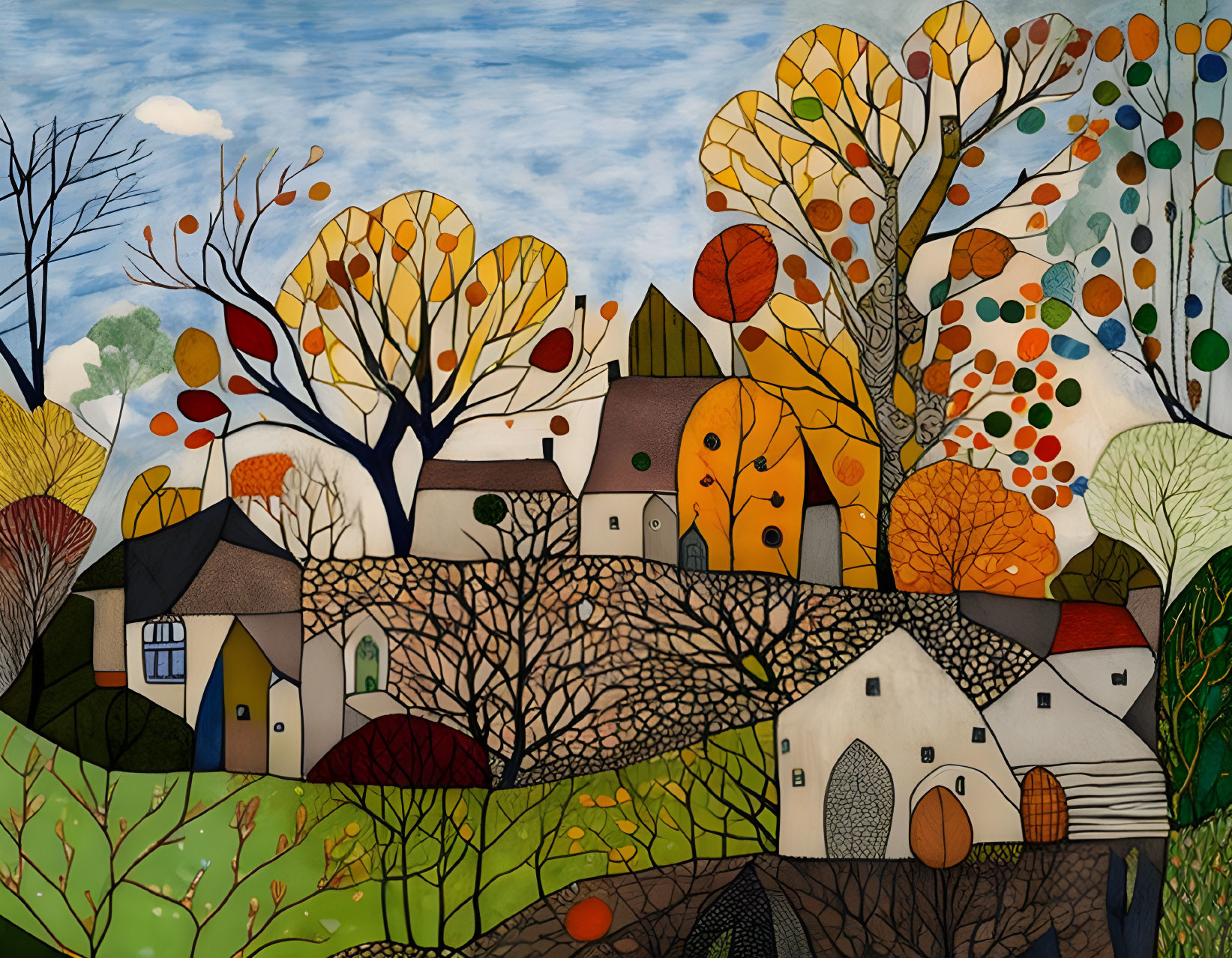 Colorful Stylized Landscape Painting with Houses and Trees