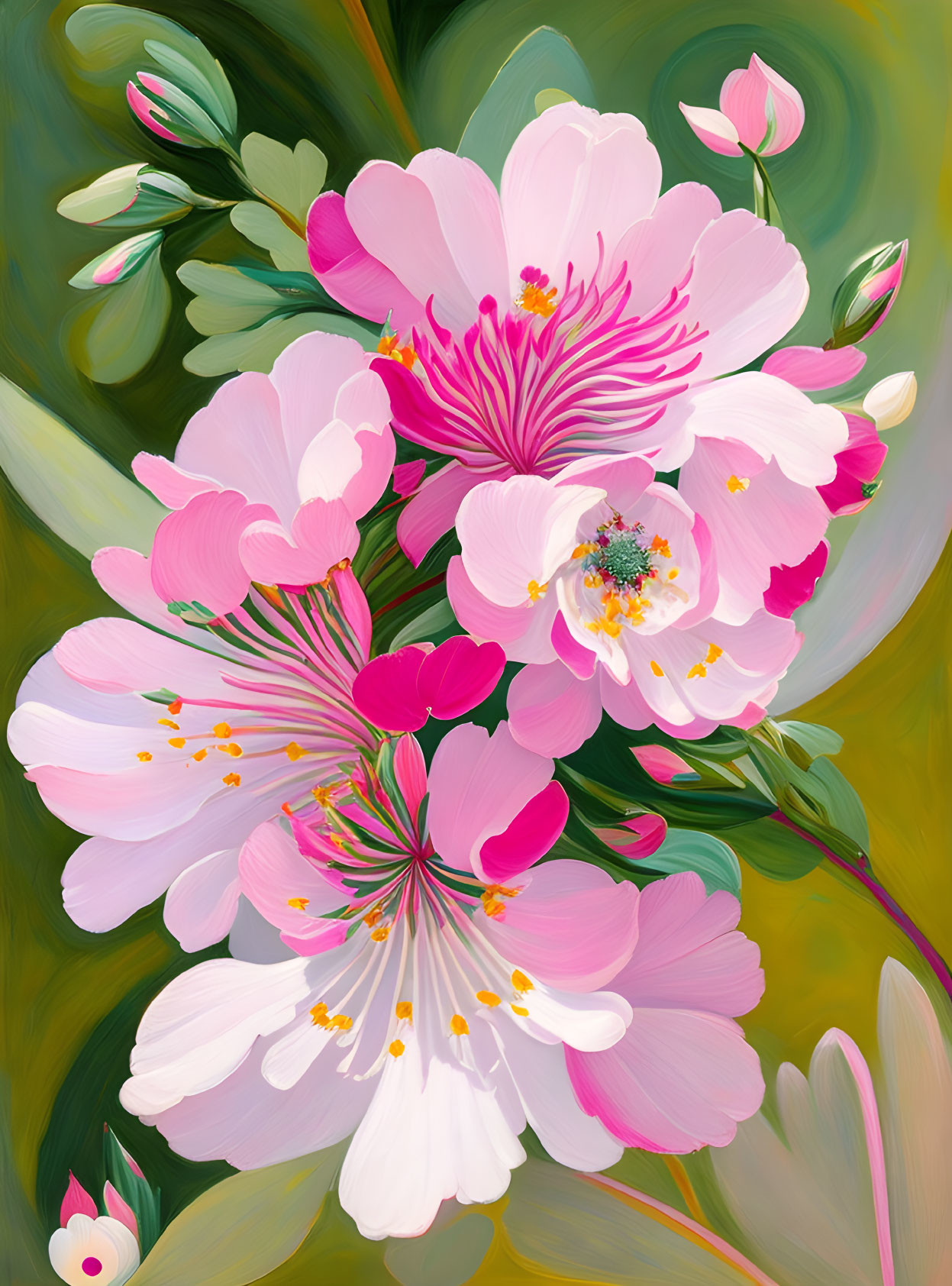 Pink flowers and green leaves digital painting on soft green background