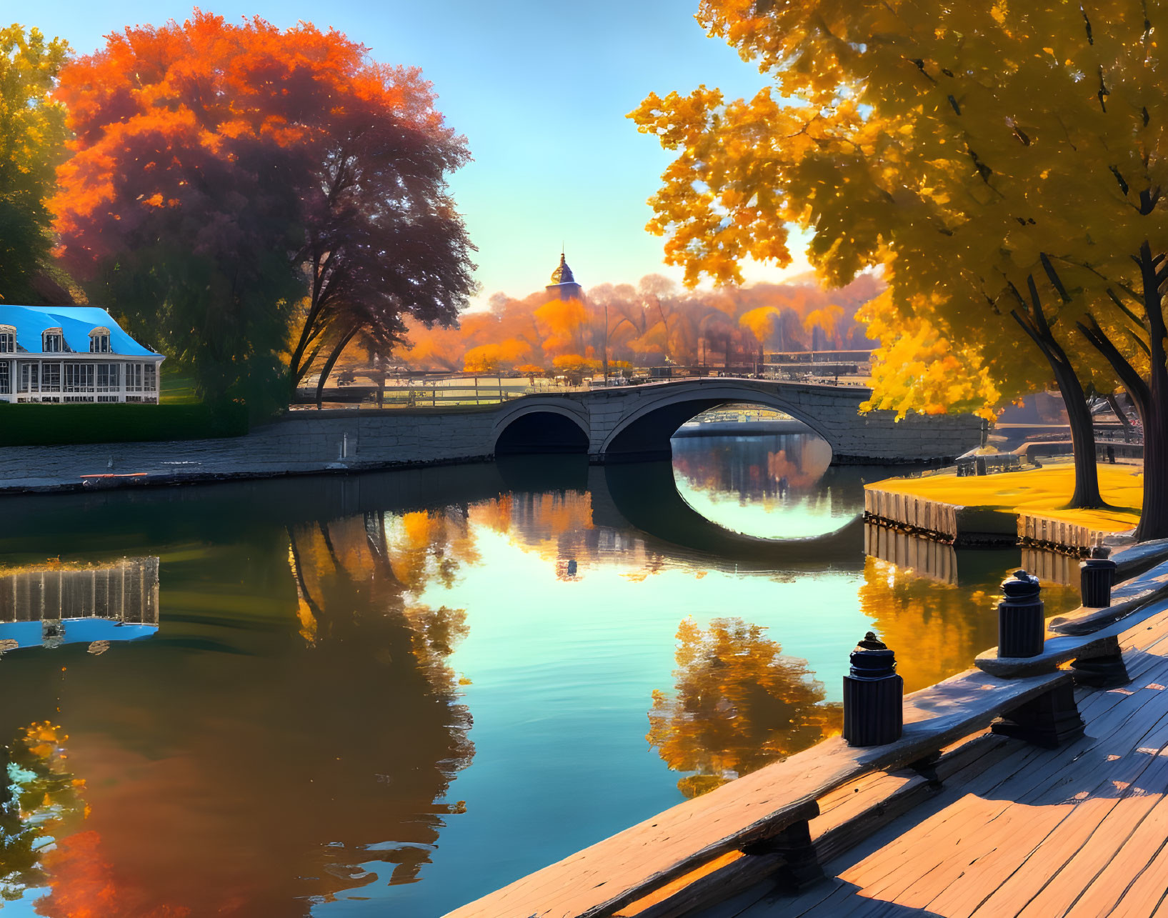 Tranquil autumn river landscape with vibrant fall colors