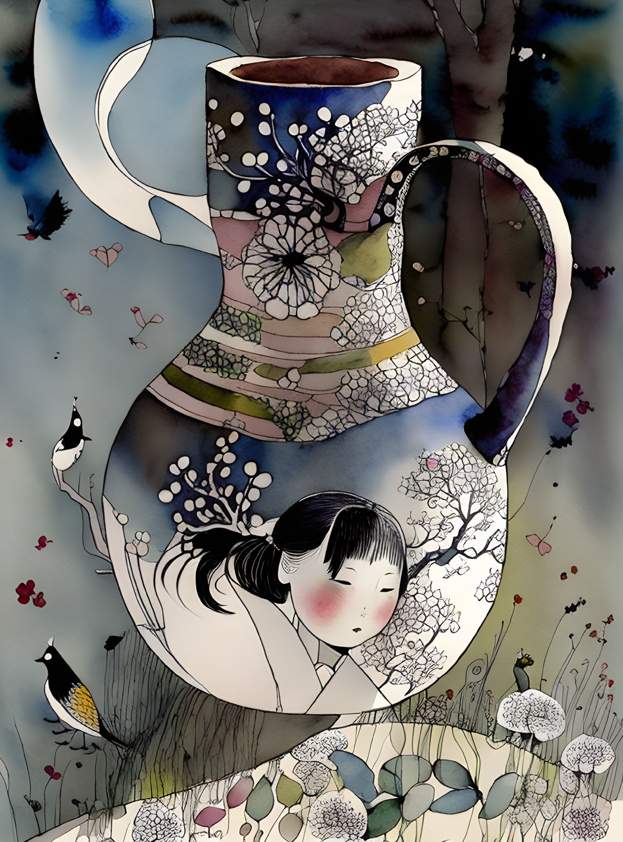 Girl with Large Patterned Coffee Mug Surrounded by Flowers and Birds in Whimsical Style