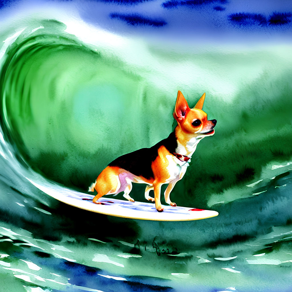 Small Dog Surfing on Vibrant Green Wave in Illustration