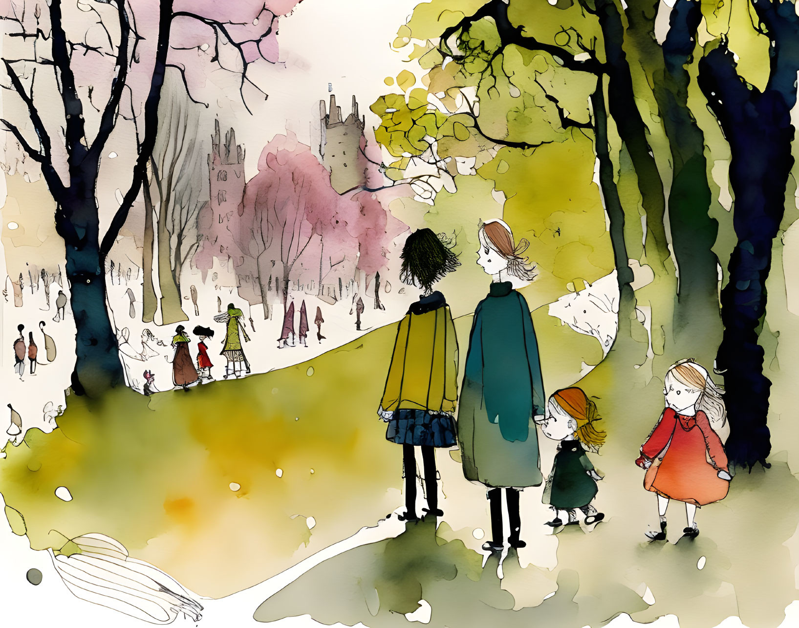 Family Walking in Autumn Park Watercolor Illustration