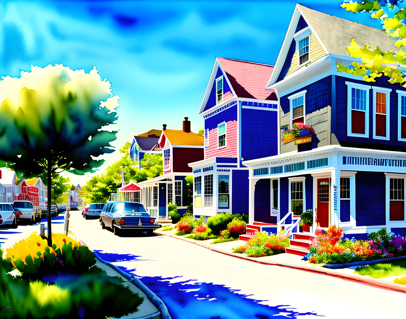 Vibrant blue and red houses on colorful suburban street