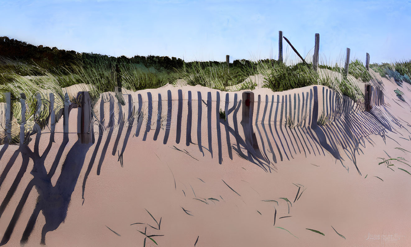 Sandy Beach with Dune Fences and Grass Under Clear Blue Sky