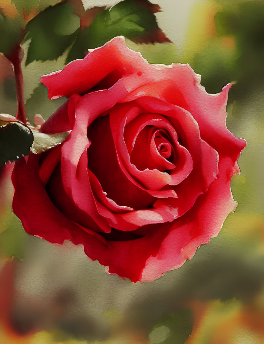 Vibrant red rose in full bloom with soft-focus background