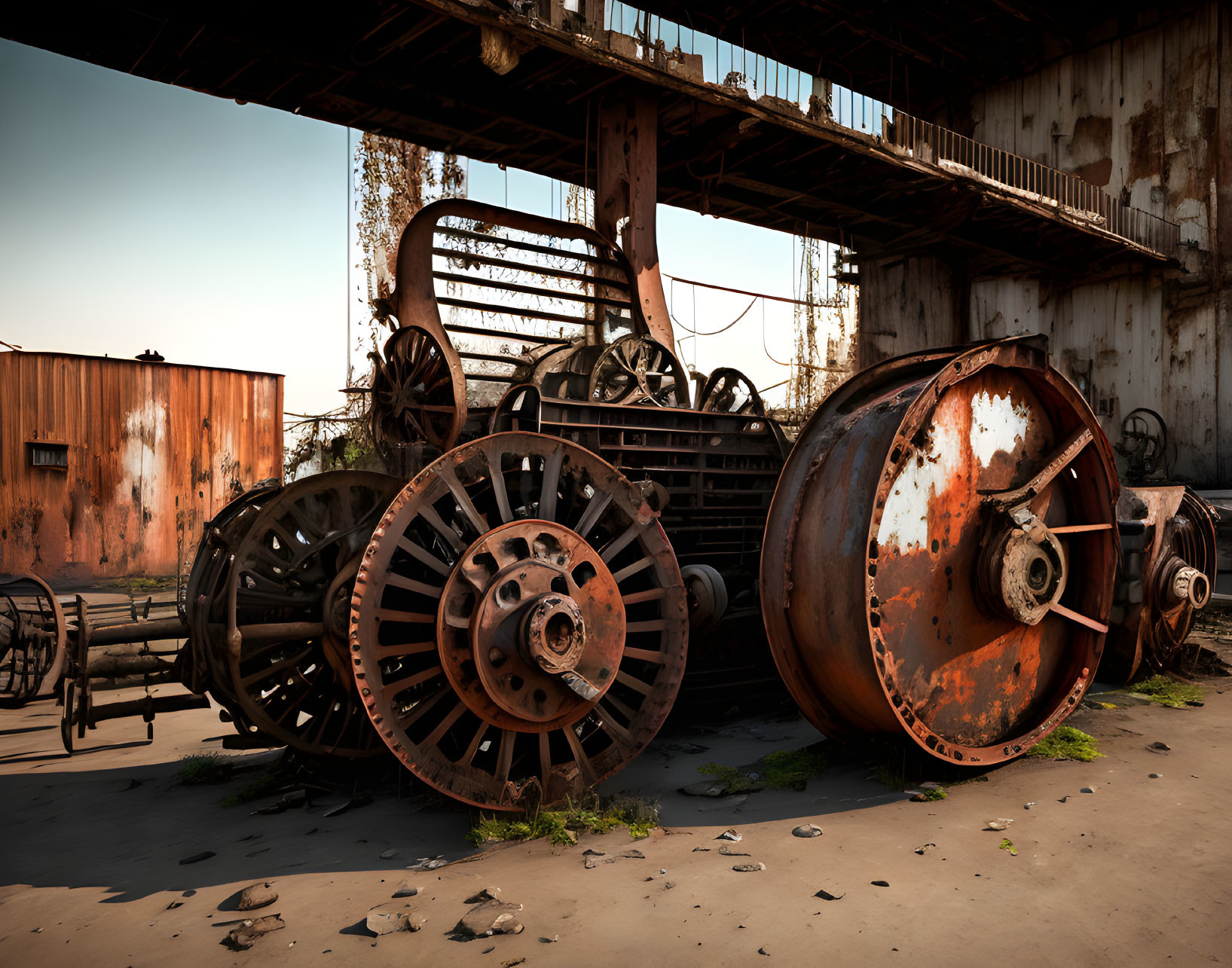 Abandoned industrial machinery with spoked wheels and gears in a rusty warehouse