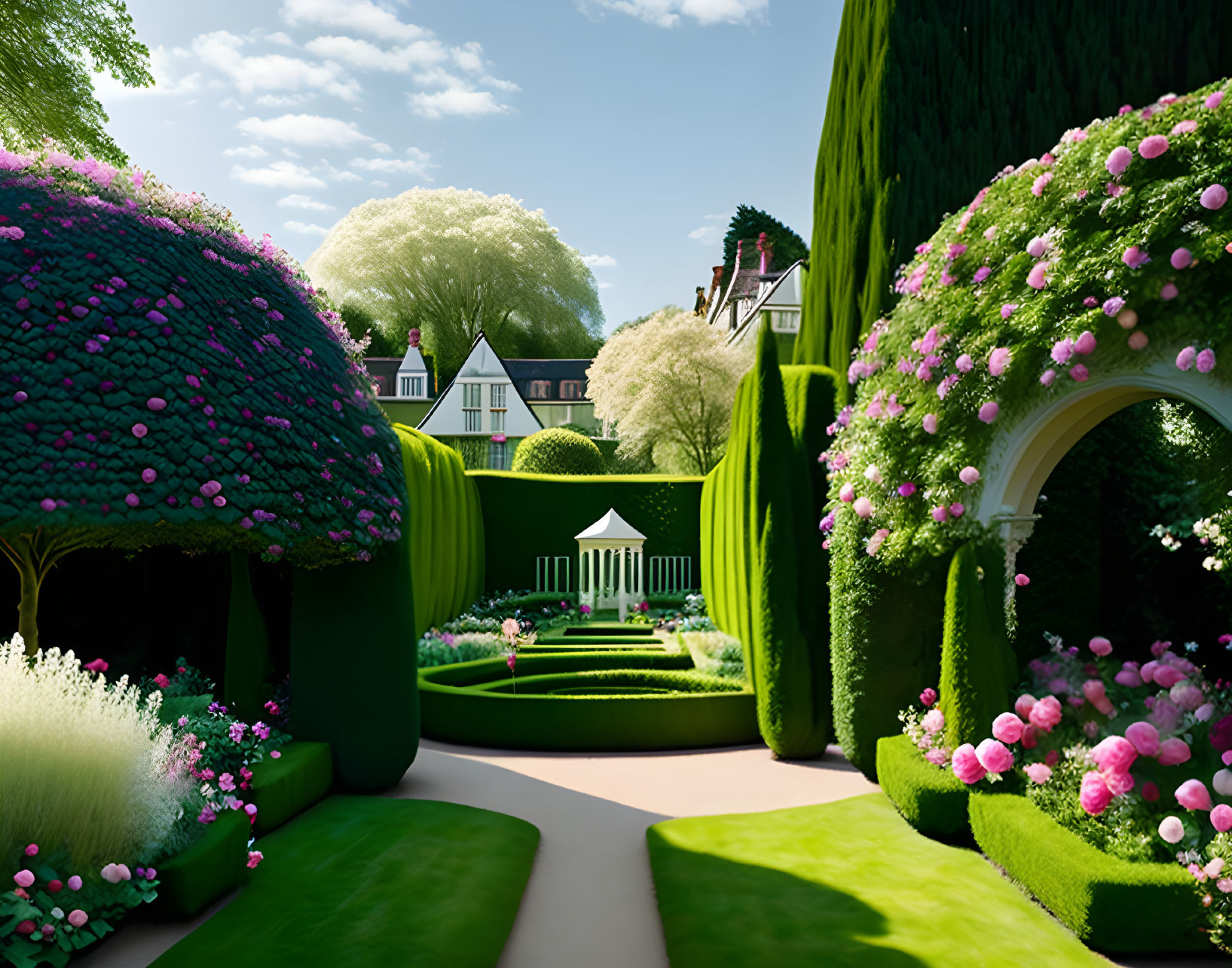 Manicured garden with lush green hedges, topiary, flowering bushes, and gazebo