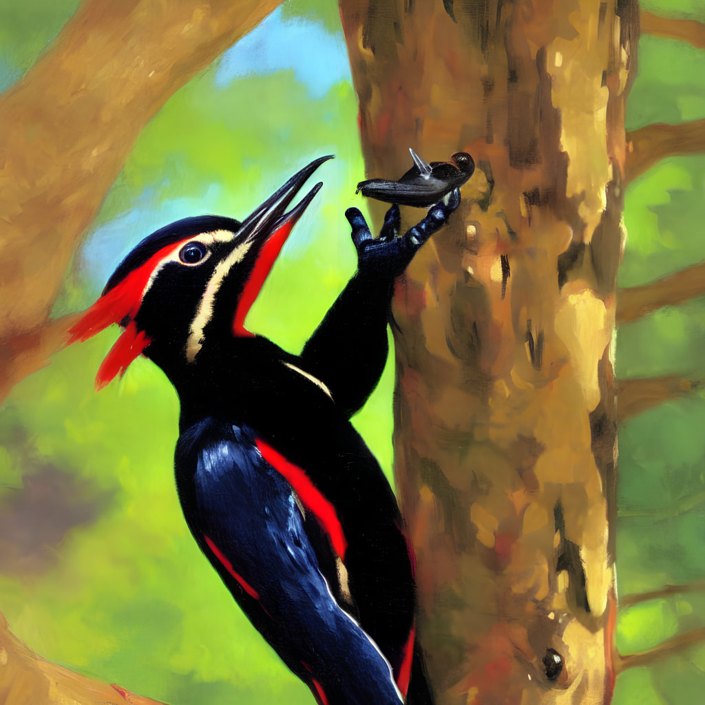 Colorful woodpecker with red crest pecking at tree trunk.