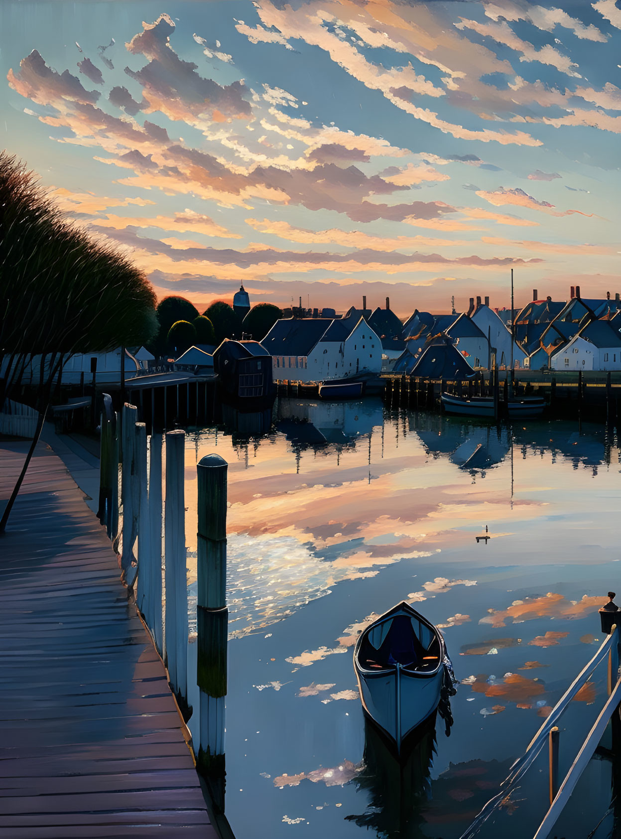 Tranquil sunset over serene harbor with reflections, dock, and boat