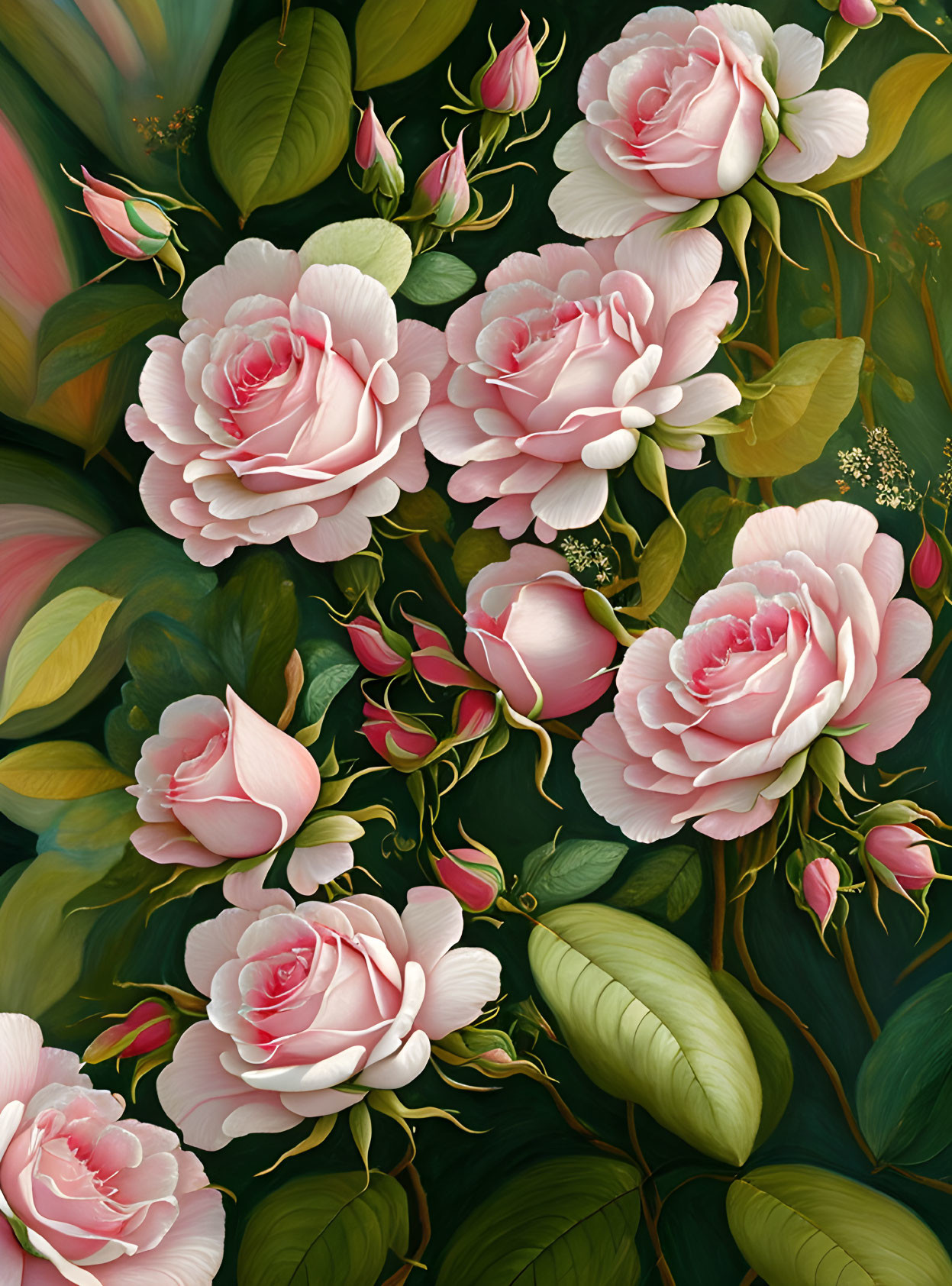 Detailed Floral Pattern with Pink Roses on Dark Background