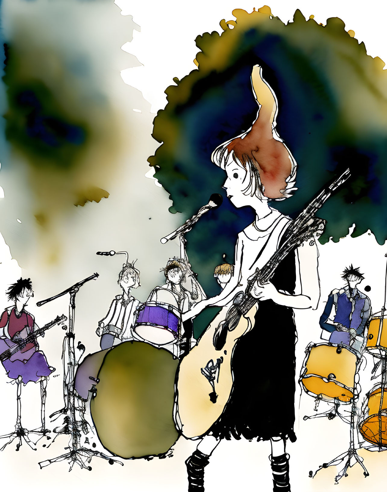 Female lead guitarist and band in stylized outlines against colorful backdrops