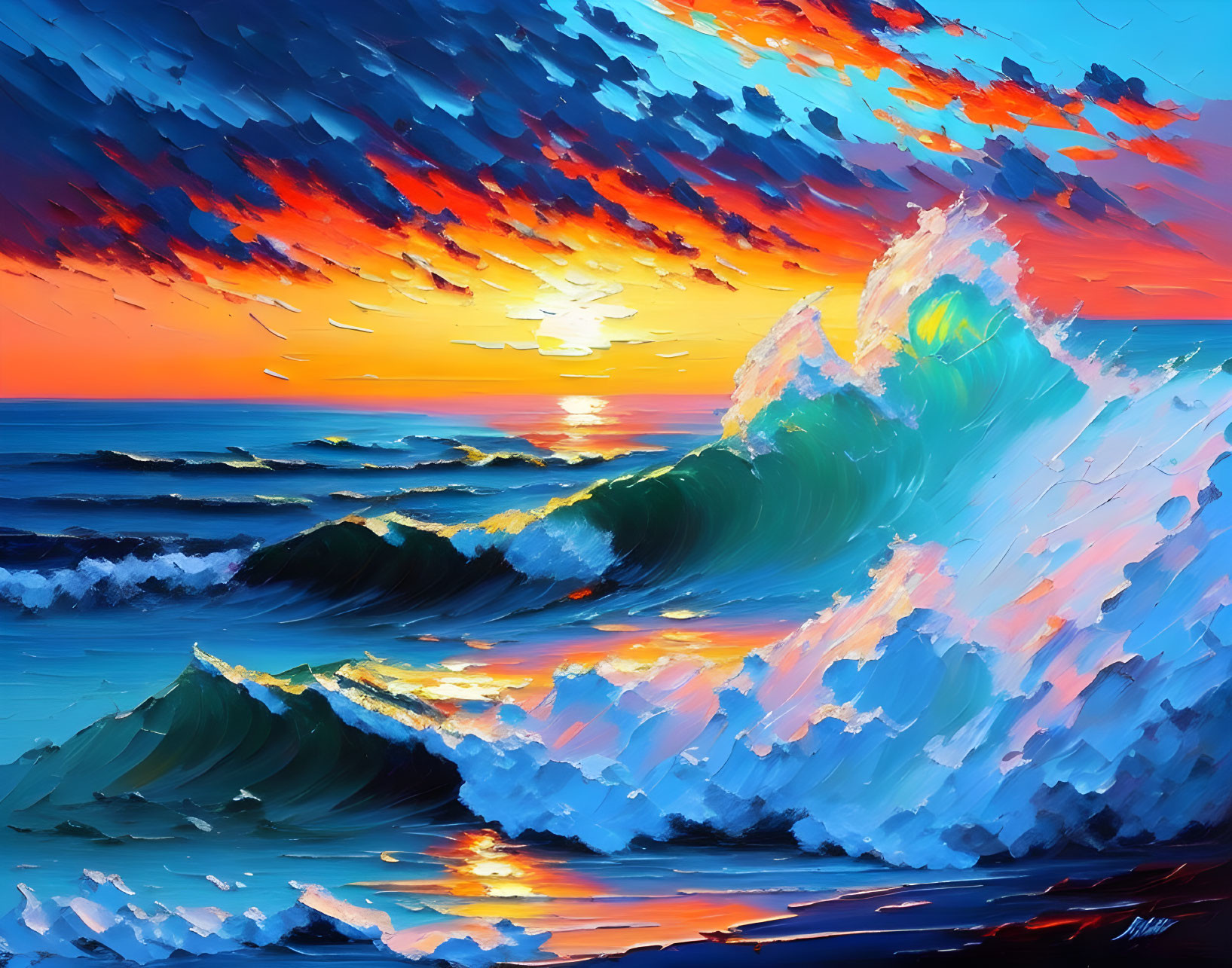 Vivid Sunset Seascape Oil Painting with Crashing Waves