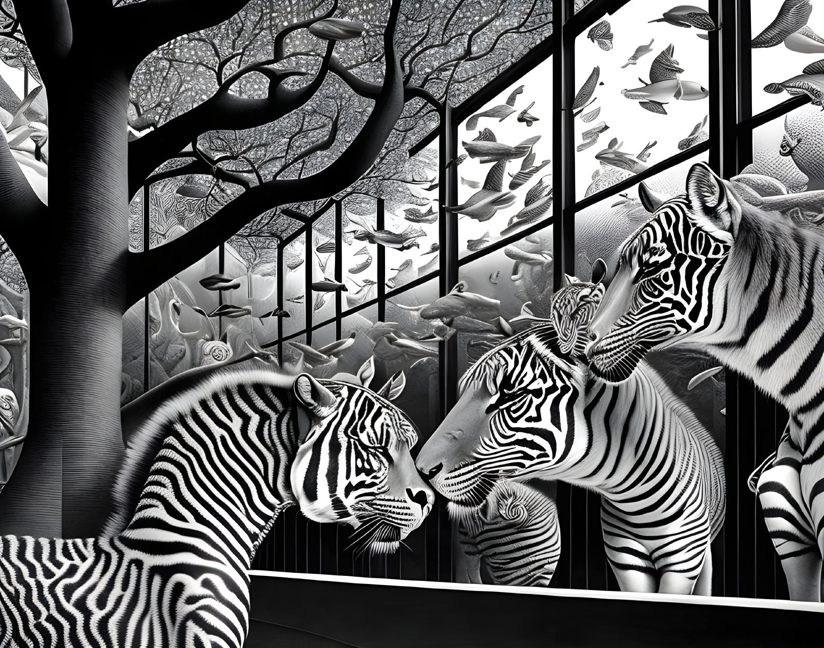 Monochrome artwork: Zebras in forest with birds, trees, detailed foliage