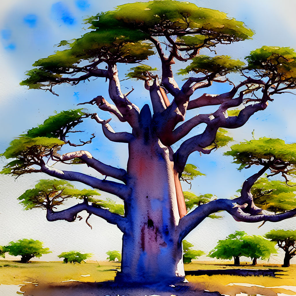 Colorful watercolor painting of a baobab tree against blue sky