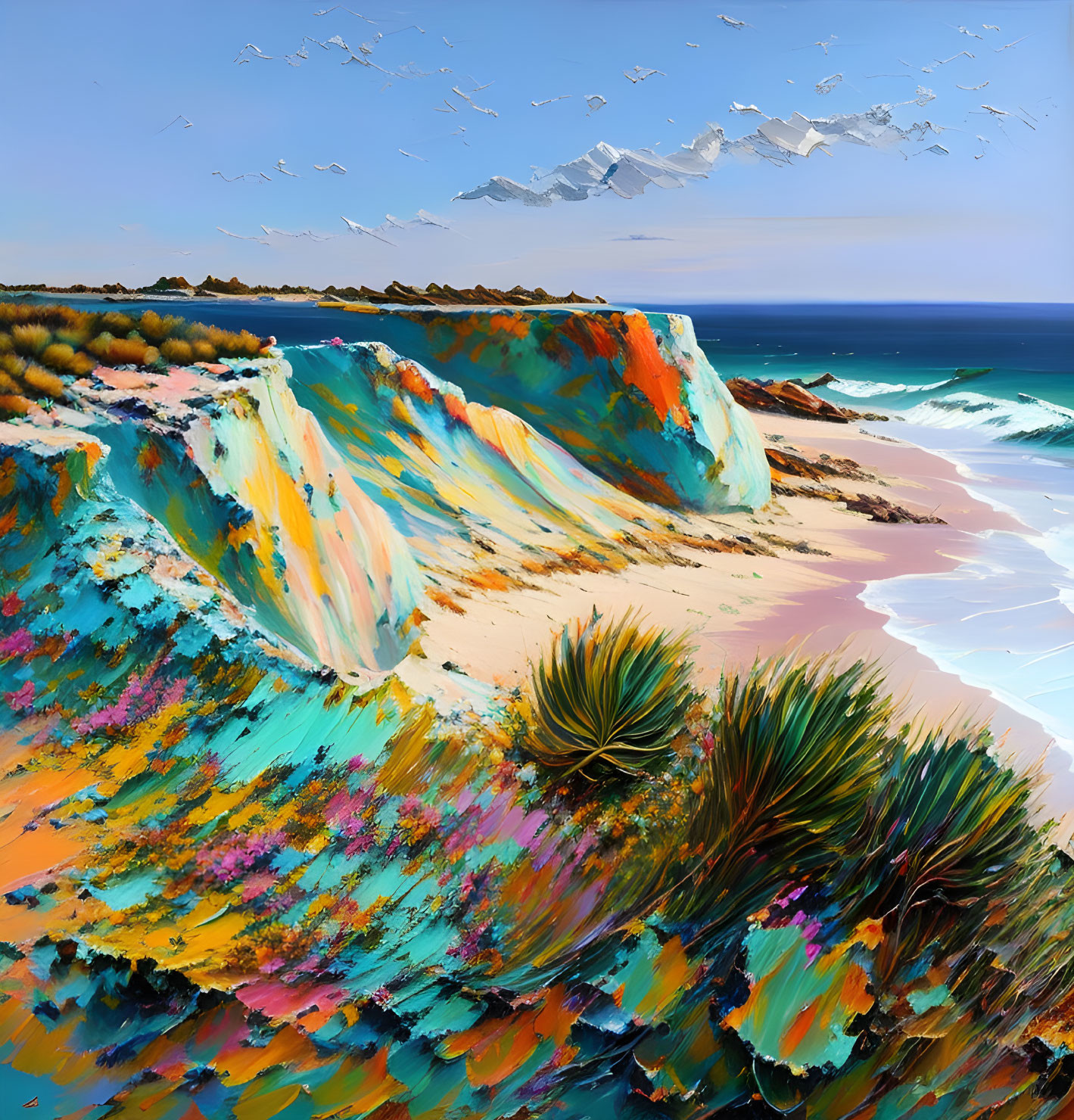 Colorful Coastal Landscape Painting: Textured Cliffs, Turquoise Sea, Sandy Beach, Seag