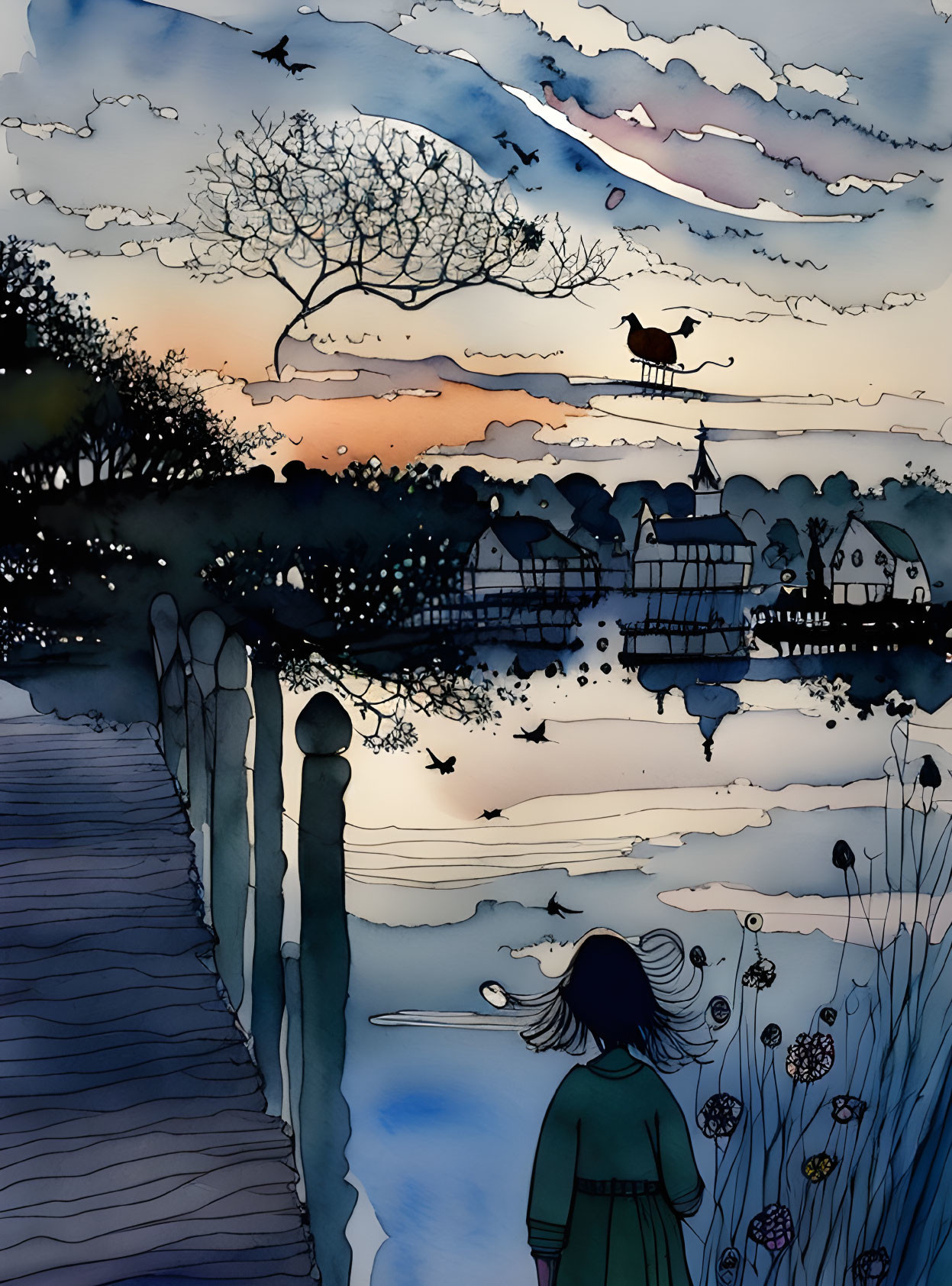 Illustration of person on path by water, village with windmill at sunset, birds and clouds in