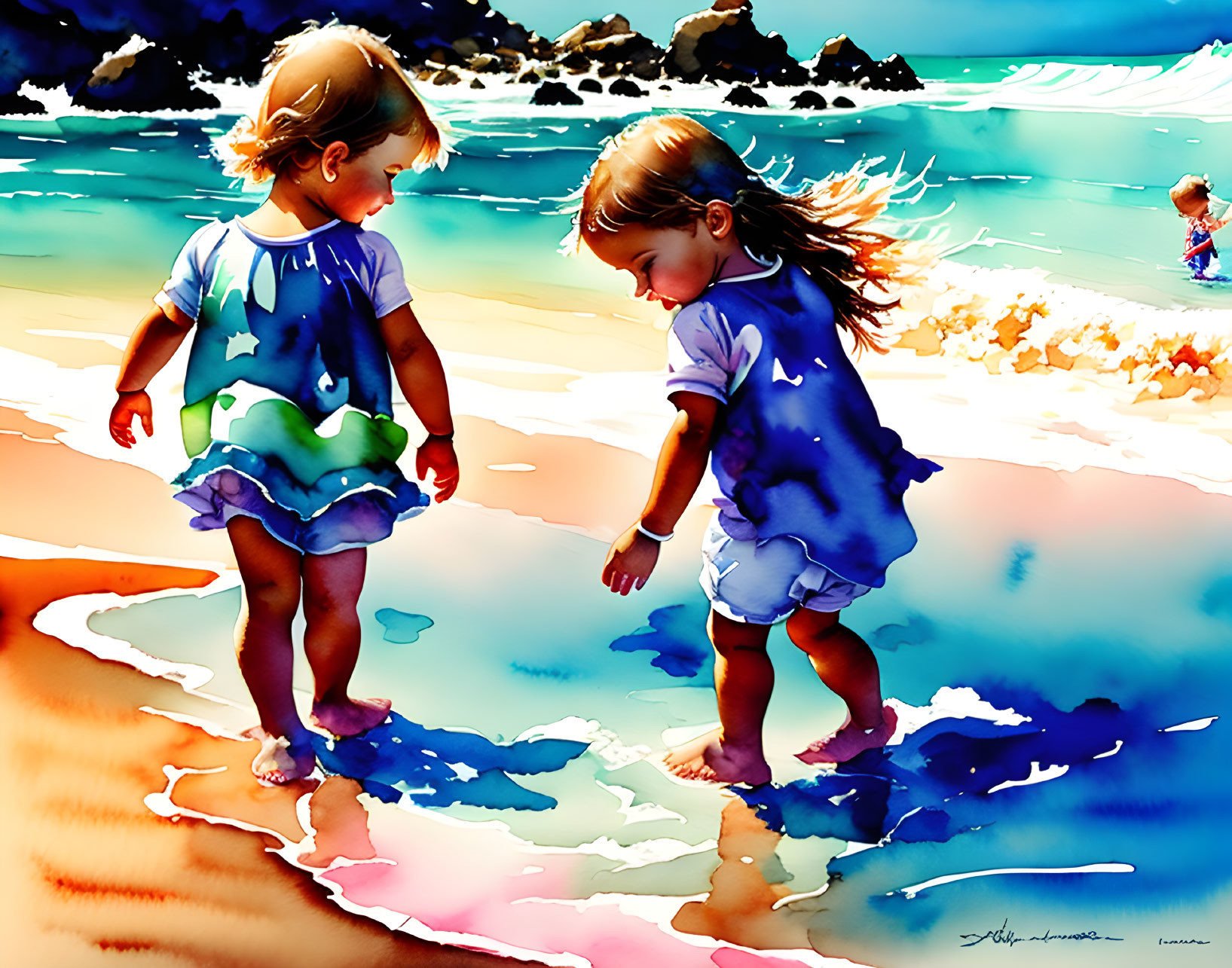 Children playing at the edge of the sea in vibrant watercolors