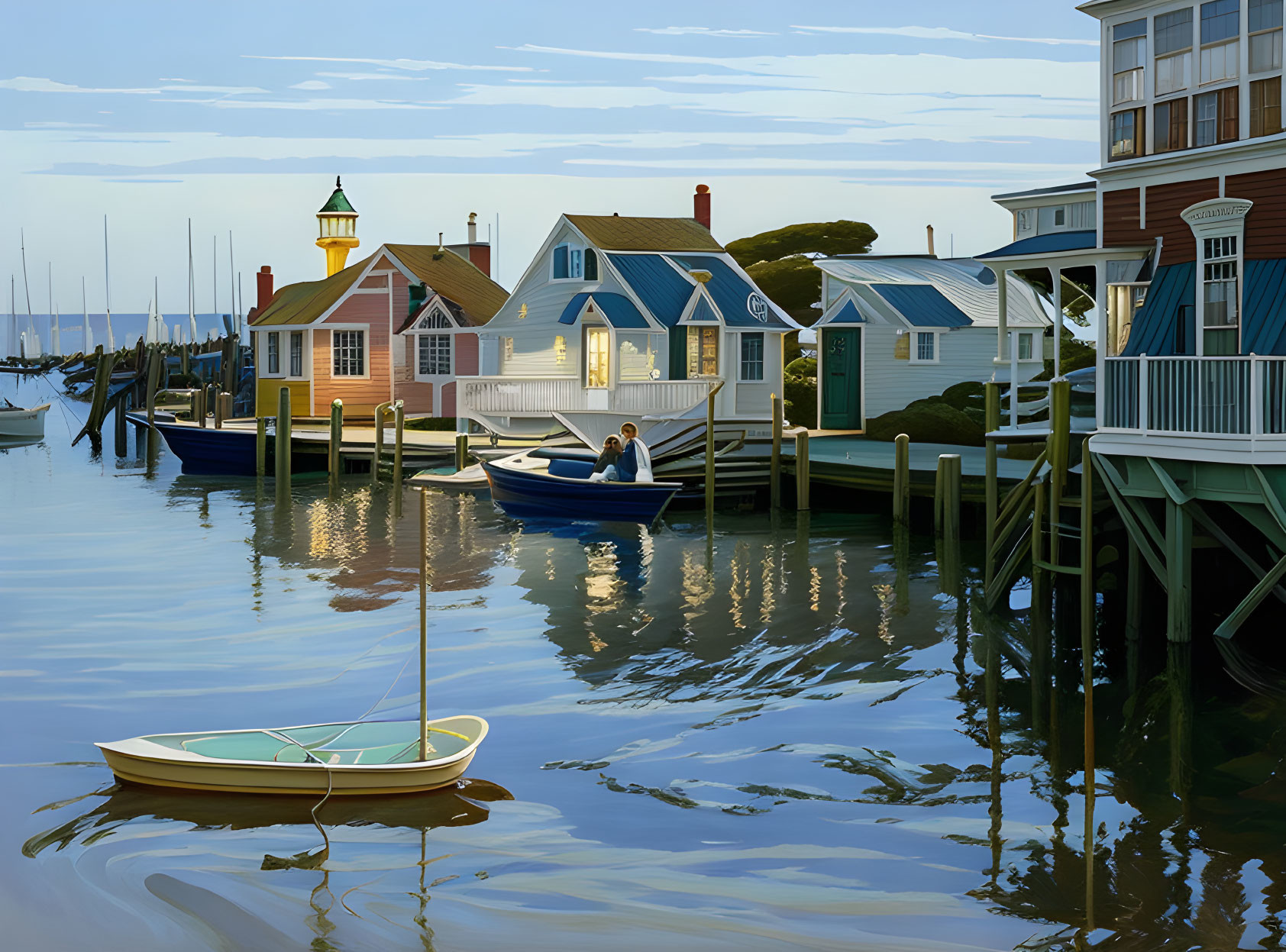 Tranquil marina scene with colorful houses, moored boats, and person rowing.