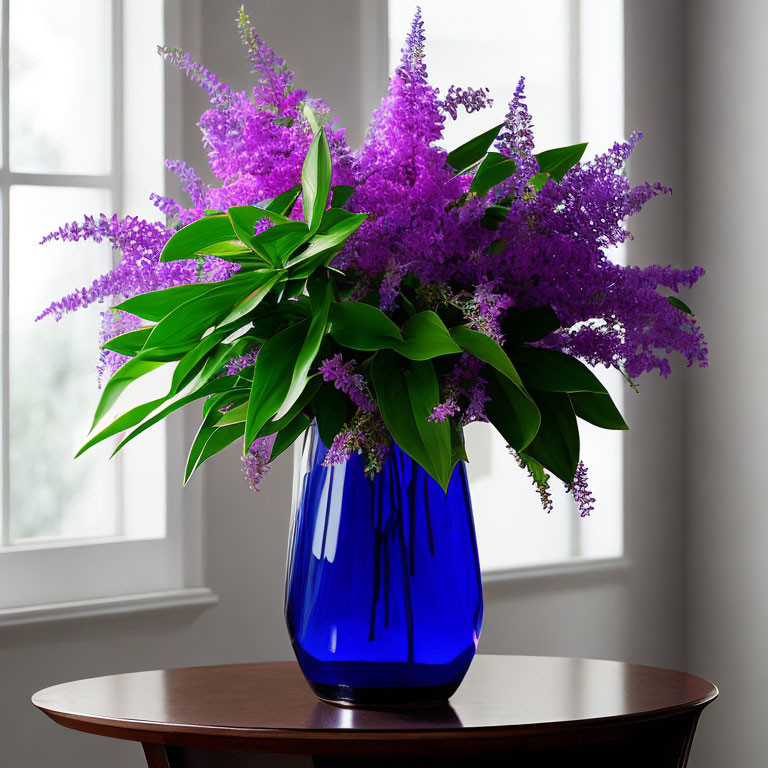 Purple Flowers Bouquet in Blue Vase on Wood Table with Natural Light