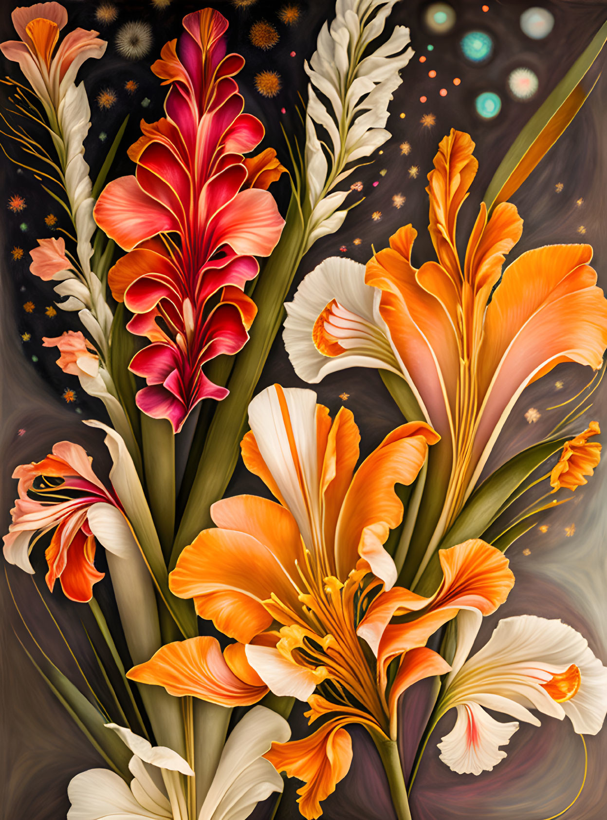 Colorful Gladiolus Flower Painting with Celestial Theme