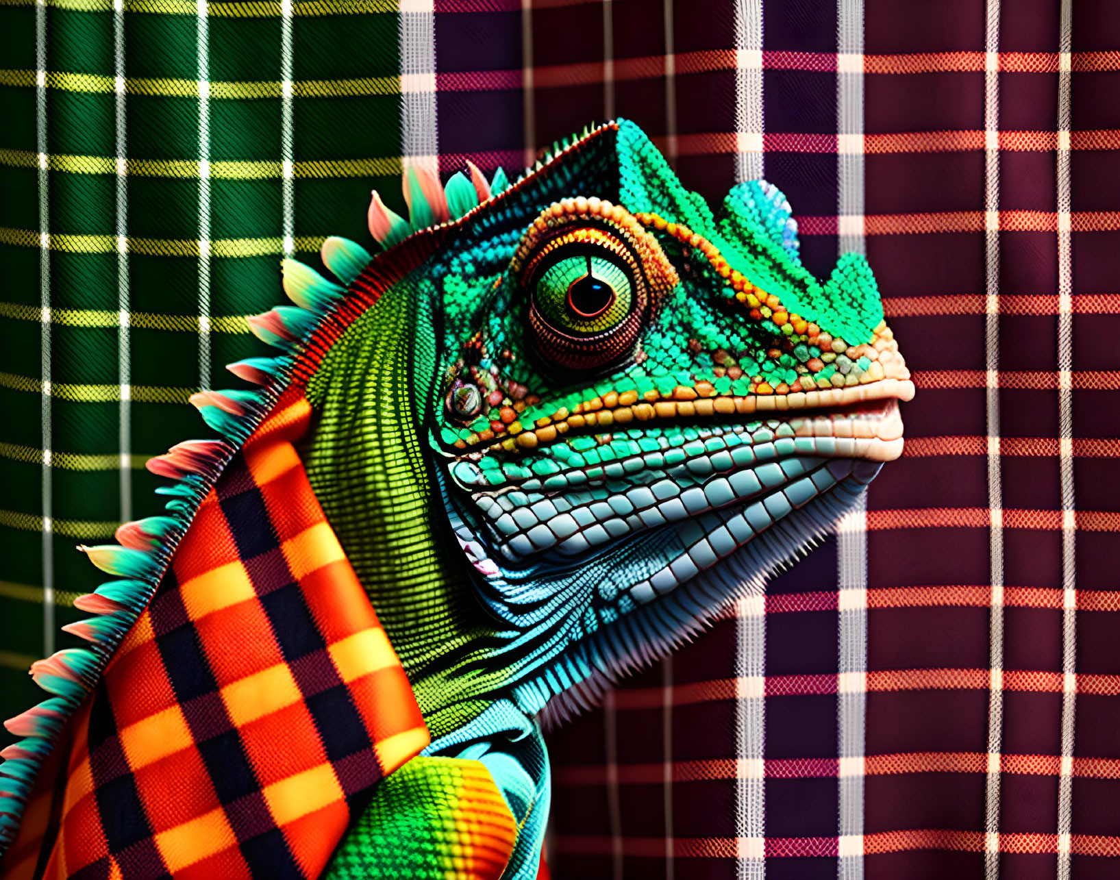 Colorful Chameleon Close-Up on Tartan Background
