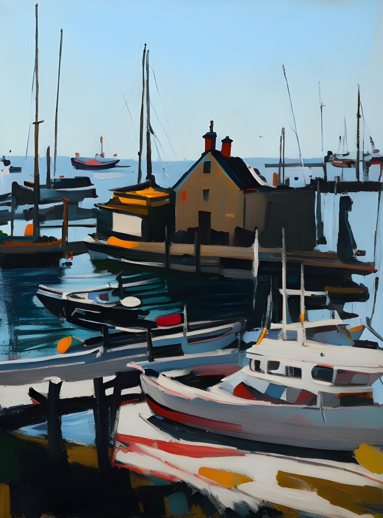 Tranquil harbor scene with boats, piers, and reflections